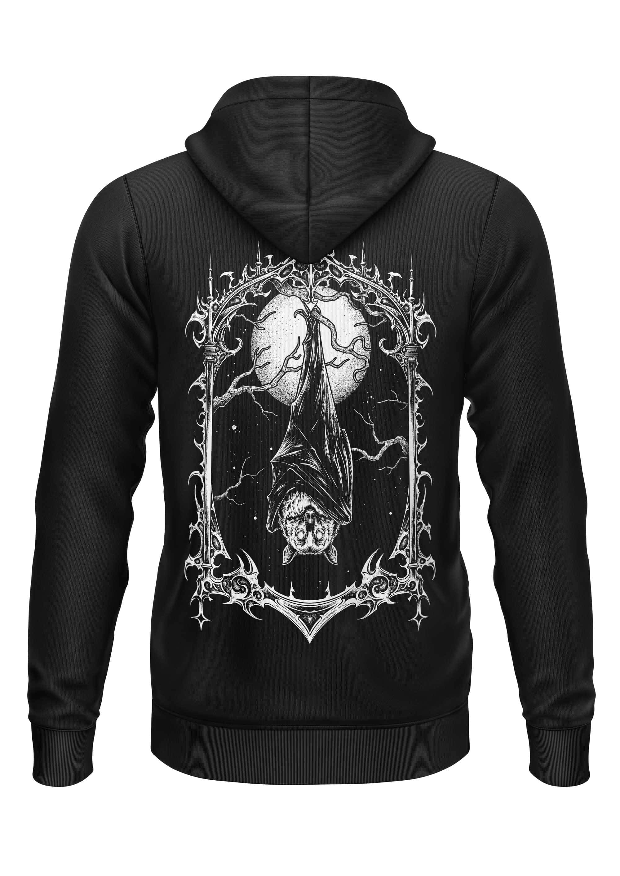 Schwarzer zip-up hoodie mit detailliertem weißen gothic-horror-motiv einer bitte hängenden fledermaus vor mondlicht